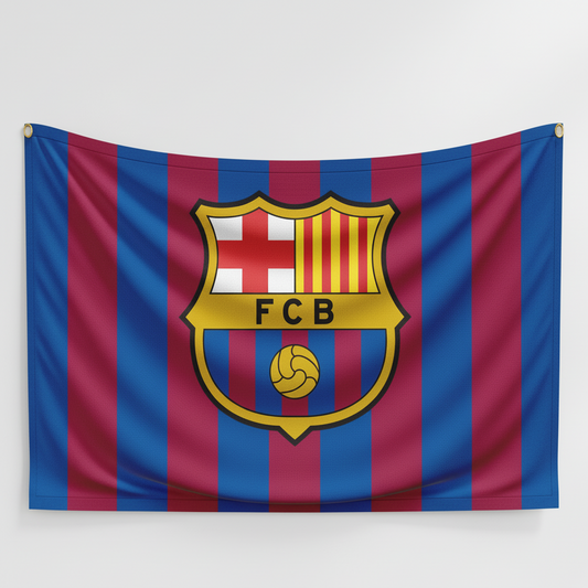 Flag with red and blue stripes and FC Barcelona logo on a white background